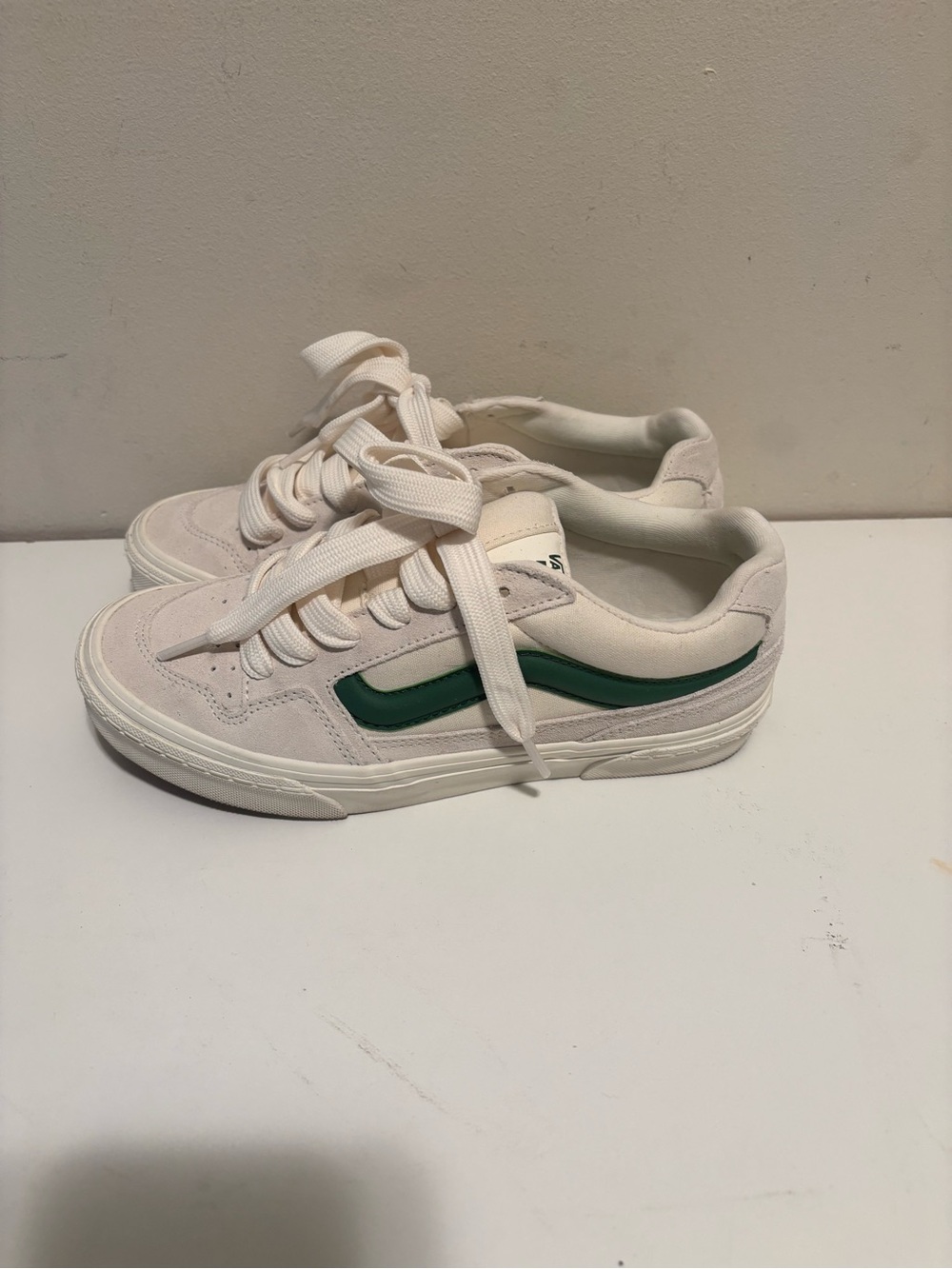 Vans Cream Low-Top Sneakers with Green Side Stripe, only worn once,